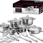 طقم طهي 18 قطعة من الستانلس ستيل مع أغطية وأدوات مطبخ – مثالي للمنزل والتخييم