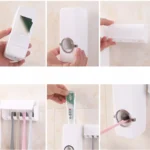 موزع معجون الأسنان مع حامل 5 فراشي تصميم جداري أنيق لتنظيم الحمام - الصورة 4