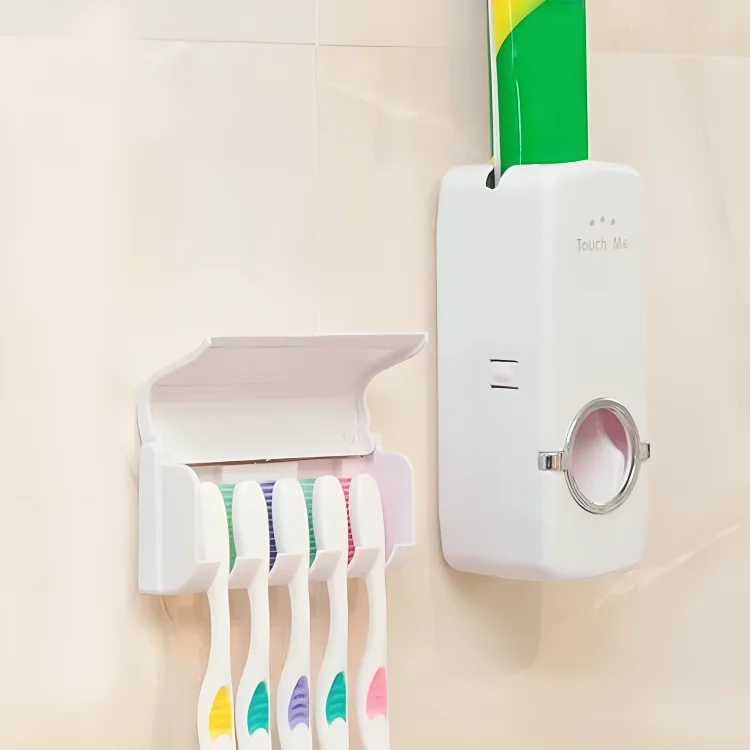 C-200591__3_ موزع معجون الأسنان مع حامل 5 فراشي تصميم جداري أنيق لتنظيم الحمام - الصورة 2