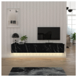 طاولة تلفاز جدارية بثلاث خزائن تصميم رخامي أسود مع إضاءة LED