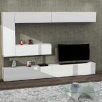 طاولة تلفزيون أبيض تصميم حديث مع 6 أبواب + خزائن حائط
