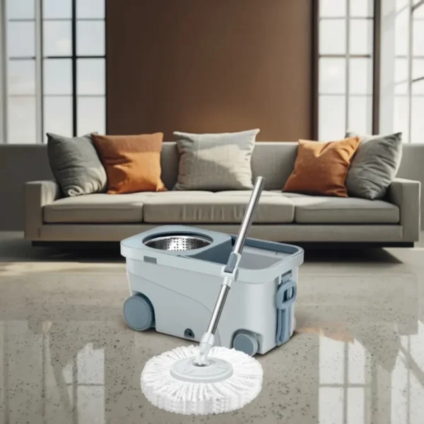 ممسحة بدلو متحرك مع عجلات – نظام عصر ستانلس ستيل – رأس 360 درجة