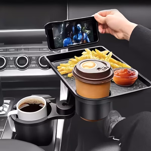 حامل أكواب وصينية طعام للسيارة 360 درجة مع حامل هاتف ومنظم متعدد الاستخدامات