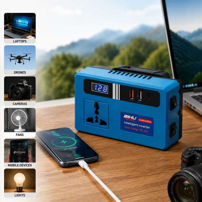 محول طاقة ذكي محمول مع منفذ ac و2 usb ومنفذ usb type c وشاشة led